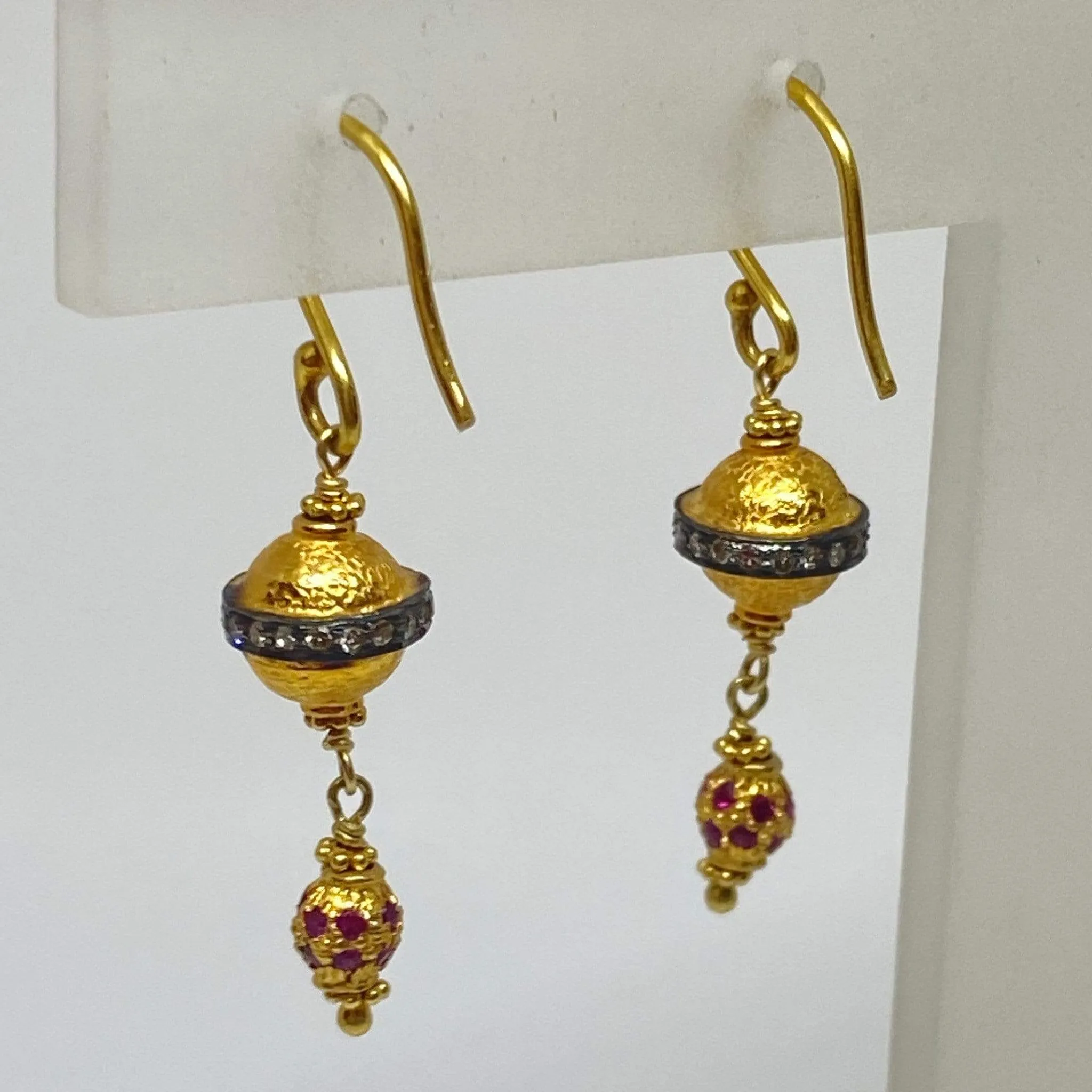 Ruby & Diamond Bali Style Dangle Earrings Shepards Hook 18K Yellow Gold E1683
