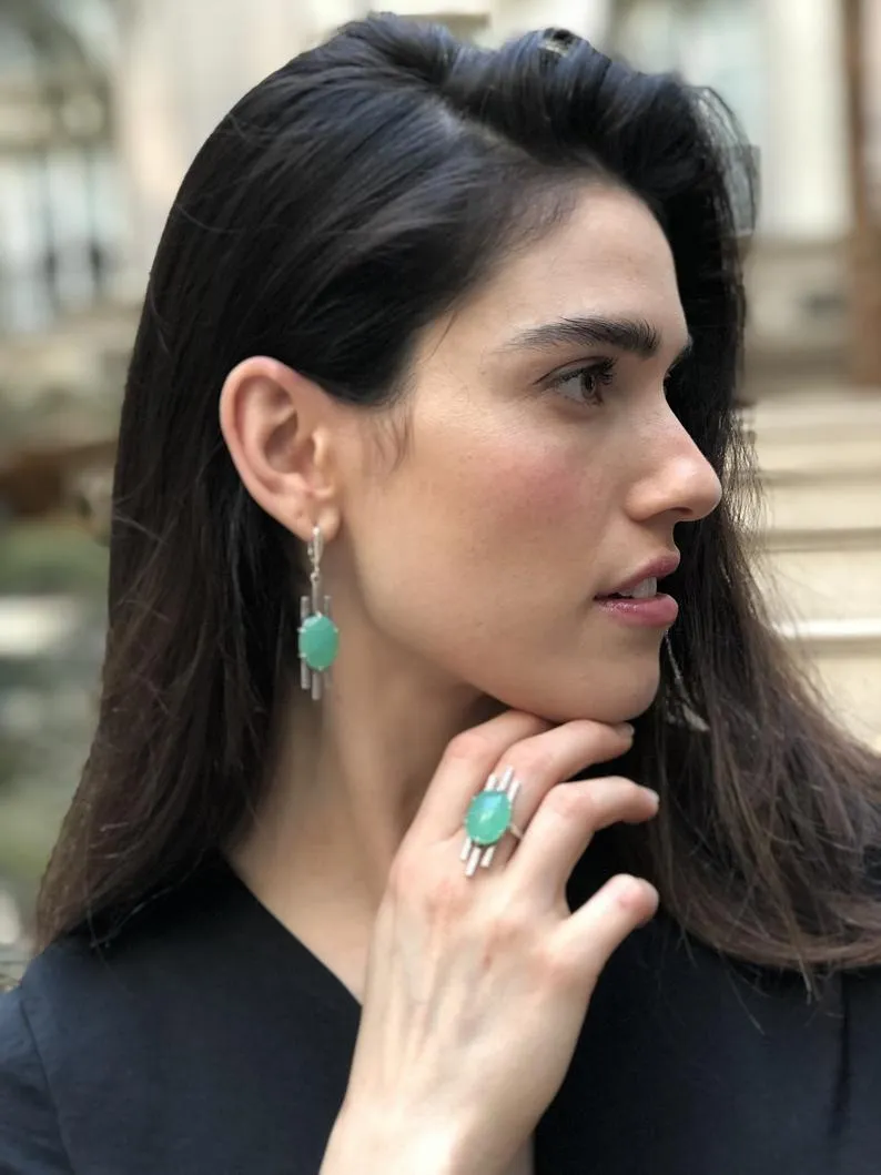 Statement Chrysoprase Earrings - Natural Chrysoprase Earrings - Green Dangling Earrings