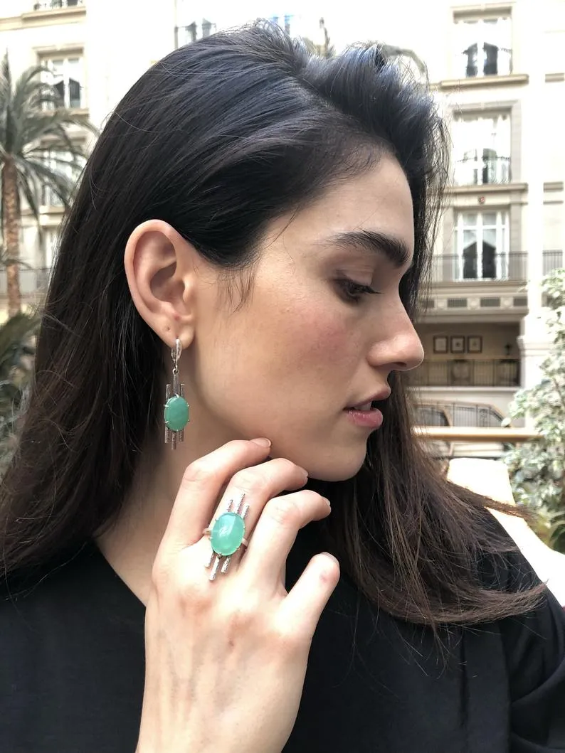 Statement Chrysoprase Earrings - Natural Chrysoprase Earrings - Green Dangling Earrings