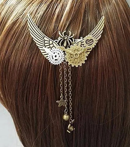 Steampunk Gear Wings Hair Clip women pin Gothic in Gold brass antique color