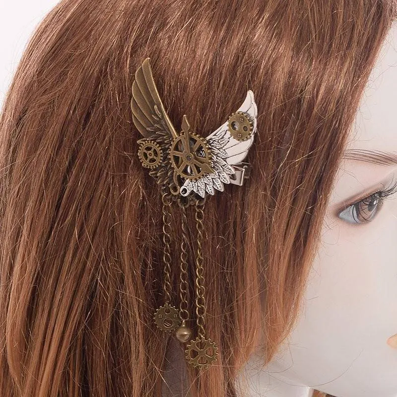 Steampunk Gear Wings Hair Clip women pin Gothic in Gold brass antique color