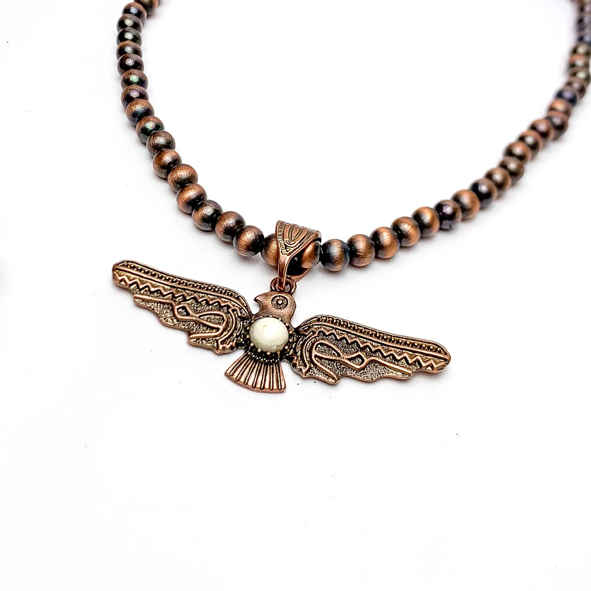 Thunder Bird Pendant Copper Tone Beaded Necklace