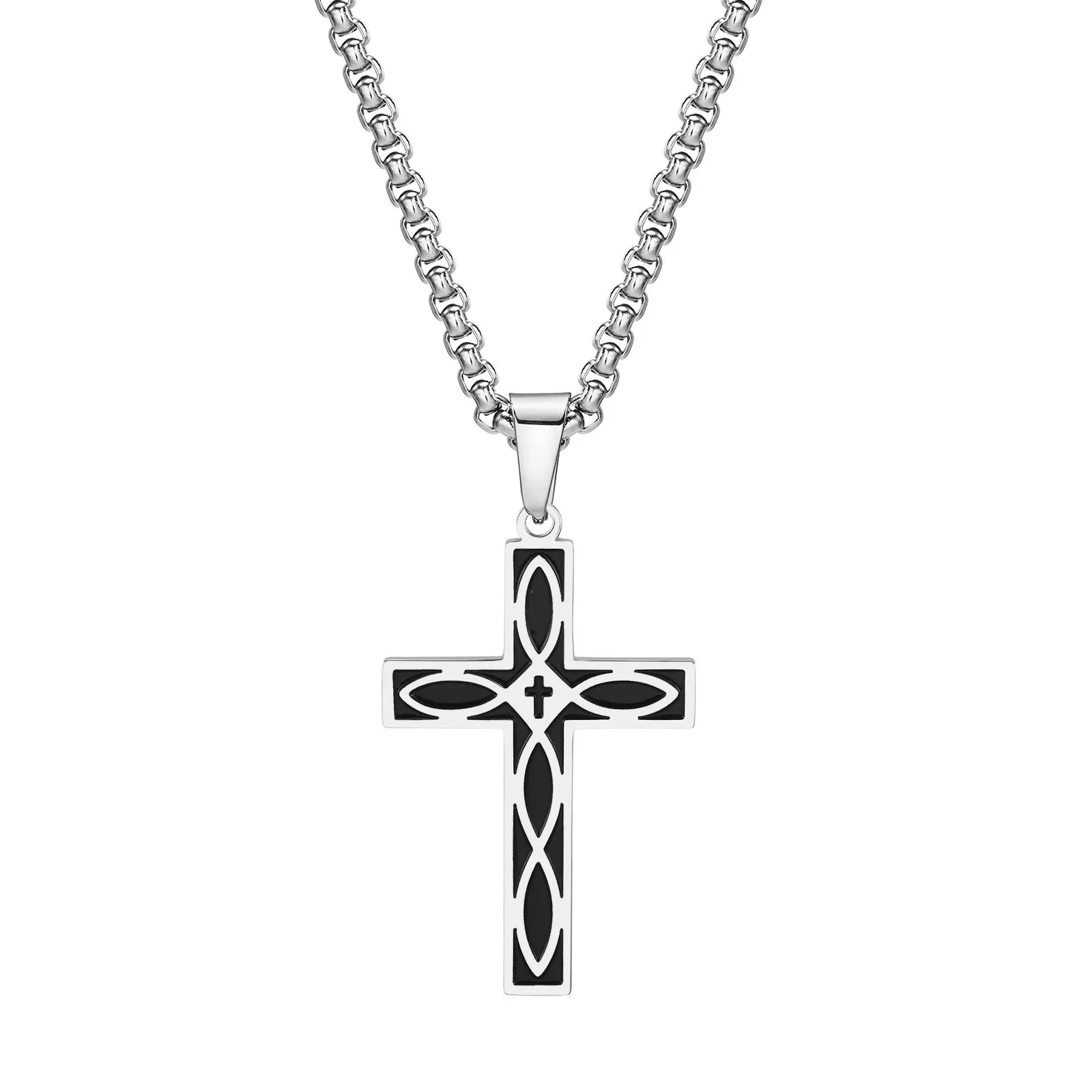 Vnox Cross Celtic Knot Necklaces for Men Women, Black Viking Pendant, Christ Prayer Faith Jewelry Collar with Box Chain