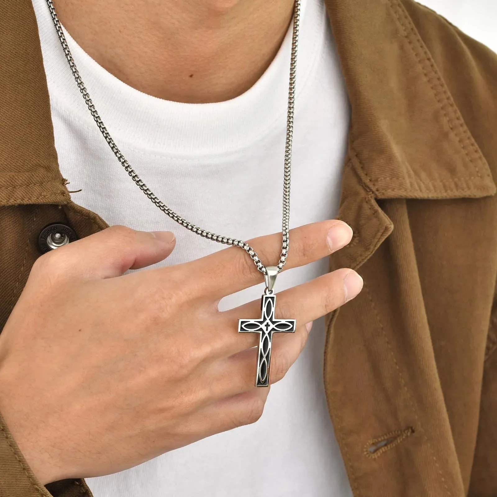 Vnox Cross Celtic Knot Necklaces for Men Women, Black Viking Pendant, Christ Prayer Faith Jewelry Collar with Box Chain