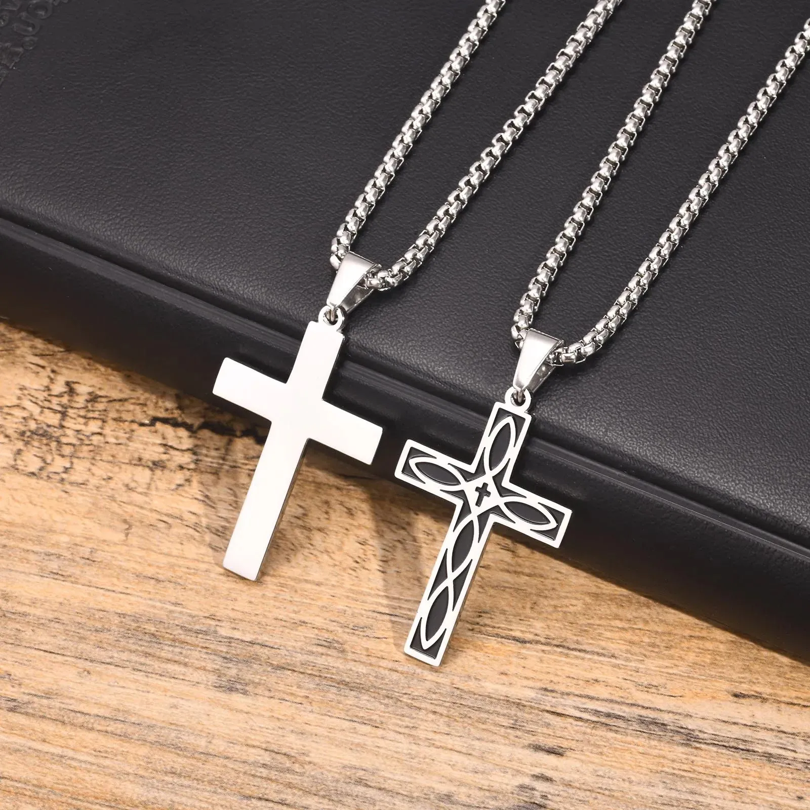 Vnox Cross Celtic Knot Necklaces for Men Women, Black Viking Pendant, Christ Prayer Faith Jewelry Collar with Box Chain