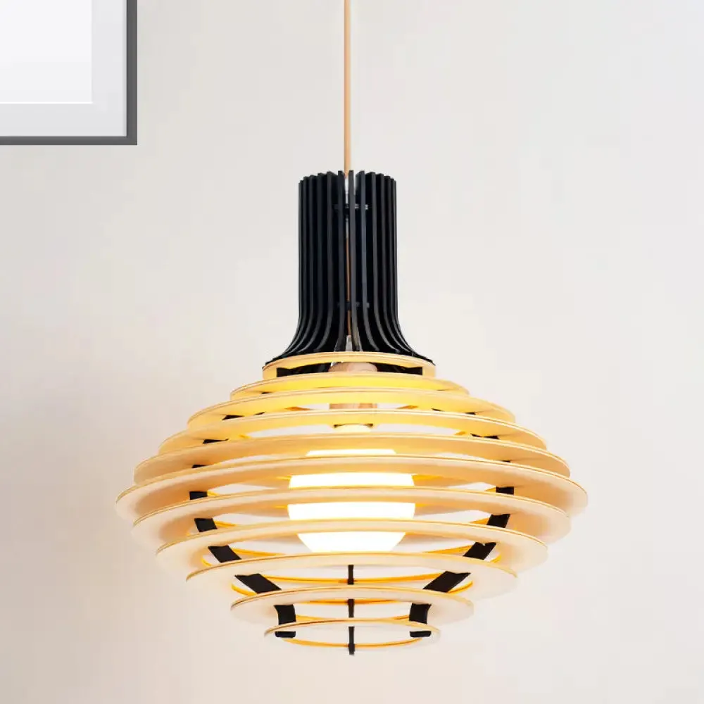 Wooden Jar Pendant Light - 1 Bulb Black/Beige Hanging Lamp Kit for Restaurants